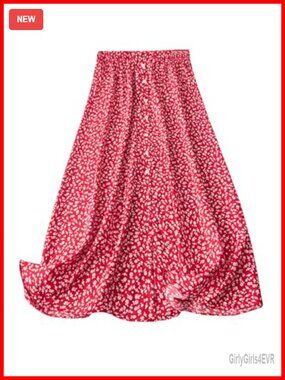Plus Size Floral Midi Maxi Skirt Button Front High Rise Flowy A-Line